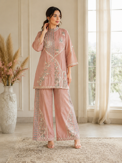 Gurukripa Dusty Pink Embroidered Co-ord Set | Kurta &amp; Palazzo
