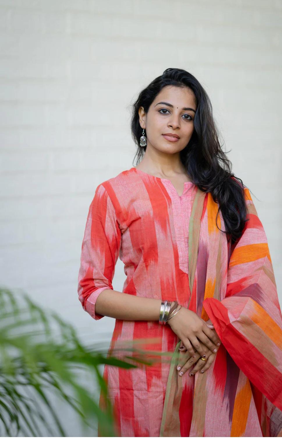 Women's Handloom Cotton Kurta Pant Dupatta Set | Coral Pink Ikat Print | 3-Piece Ethnic Suit Set