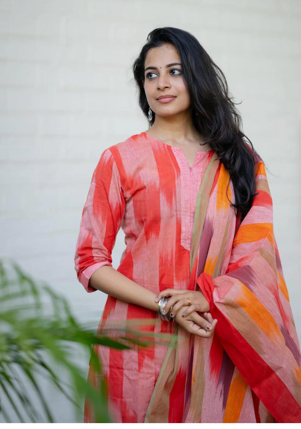 Women's Handloom Cotton Kurta Pant Dupatta Set | Coral Pink Ikat Print | 3-Piece Ethnic Suit Set