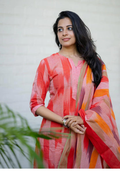 Women's Handloom Cotton Kurta Pant Dupatta Set | Coral Pink Ikat Print | 3-Piece Ethnic Suit Set