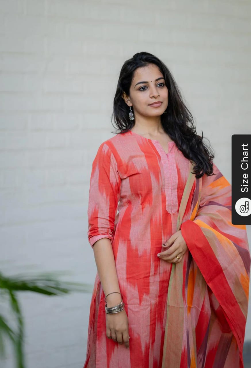 Women's Handloom Cotton Kurta Pant Dupatta Set | Coral Pink Ikat Print | 3-Piece Ethnic Suit Set
