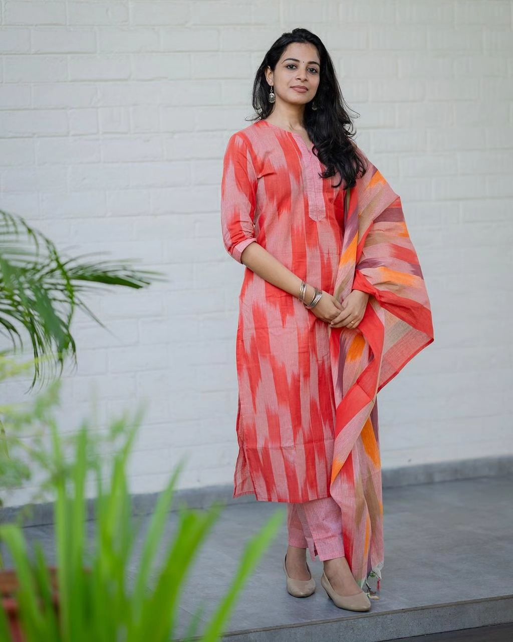 Women's Handloom Cotton Kurta Pant Dupatta Set | Coral Pink Ikat Print | 3-Piece Ethnic Suit Set