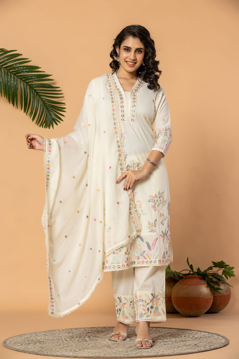Elegant Off-White Embroidered Kurta Pant Set with Dupatta